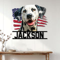 Dalmatian metal wall sign displayed above a console table in a bright, modern home interior