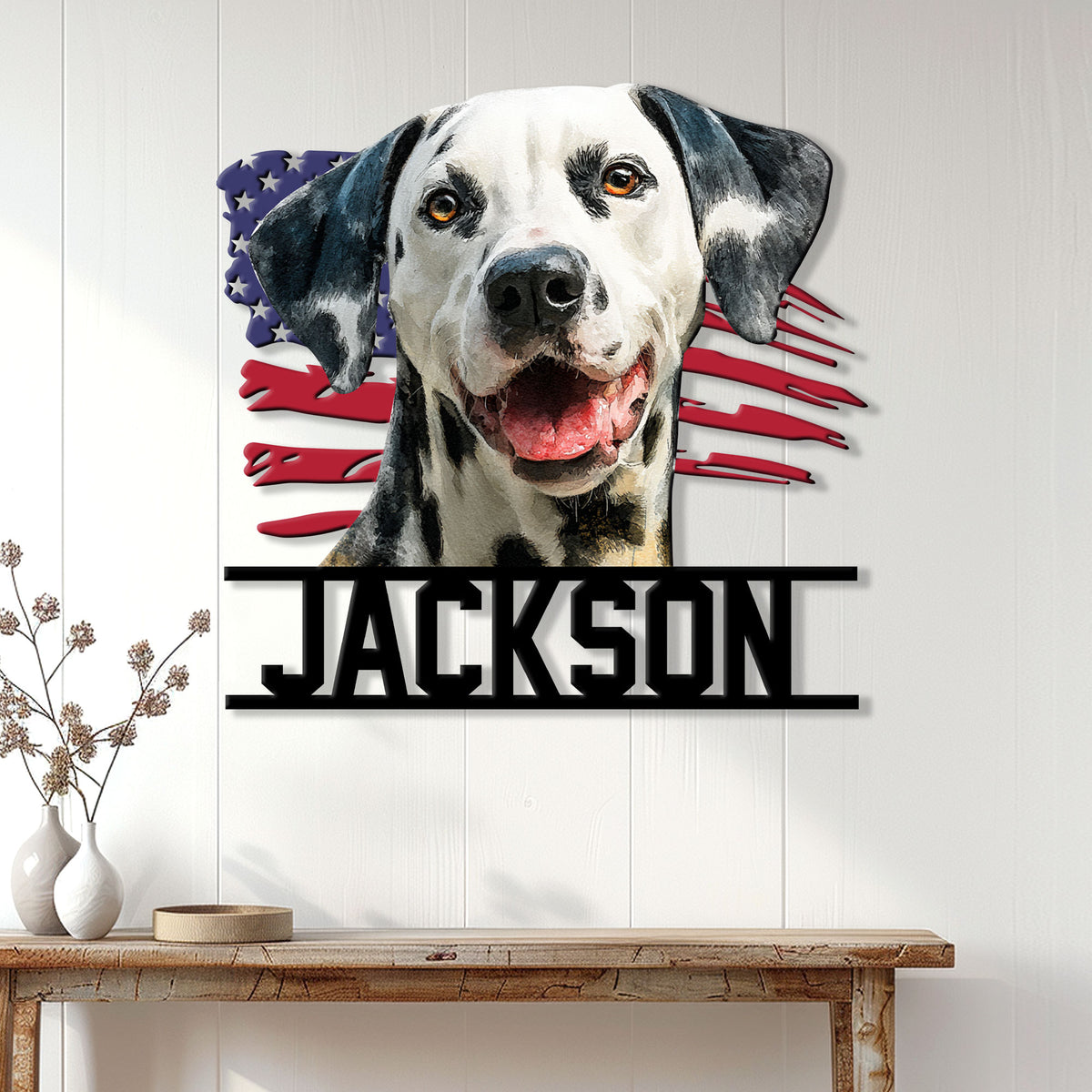Dalmatian metal wall sign displayed above a console table in a bright, modern home interior