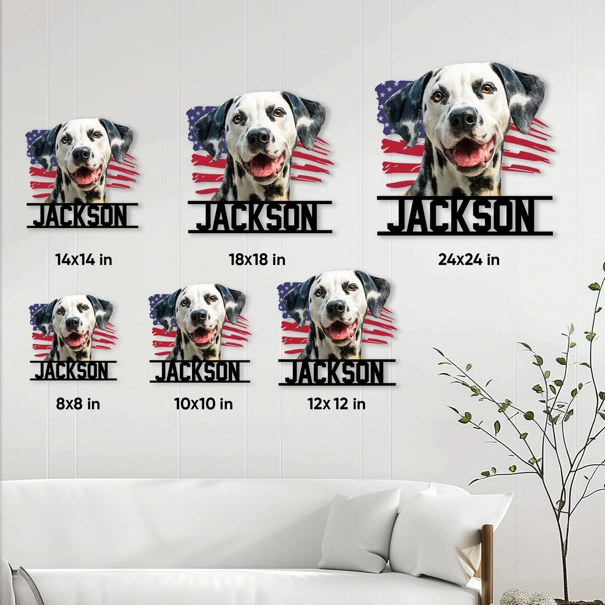 Dalmatian metal sign size guide showing 8x8, 10x10, 12x12, 14x14, 18x18, and 24x24 inch options