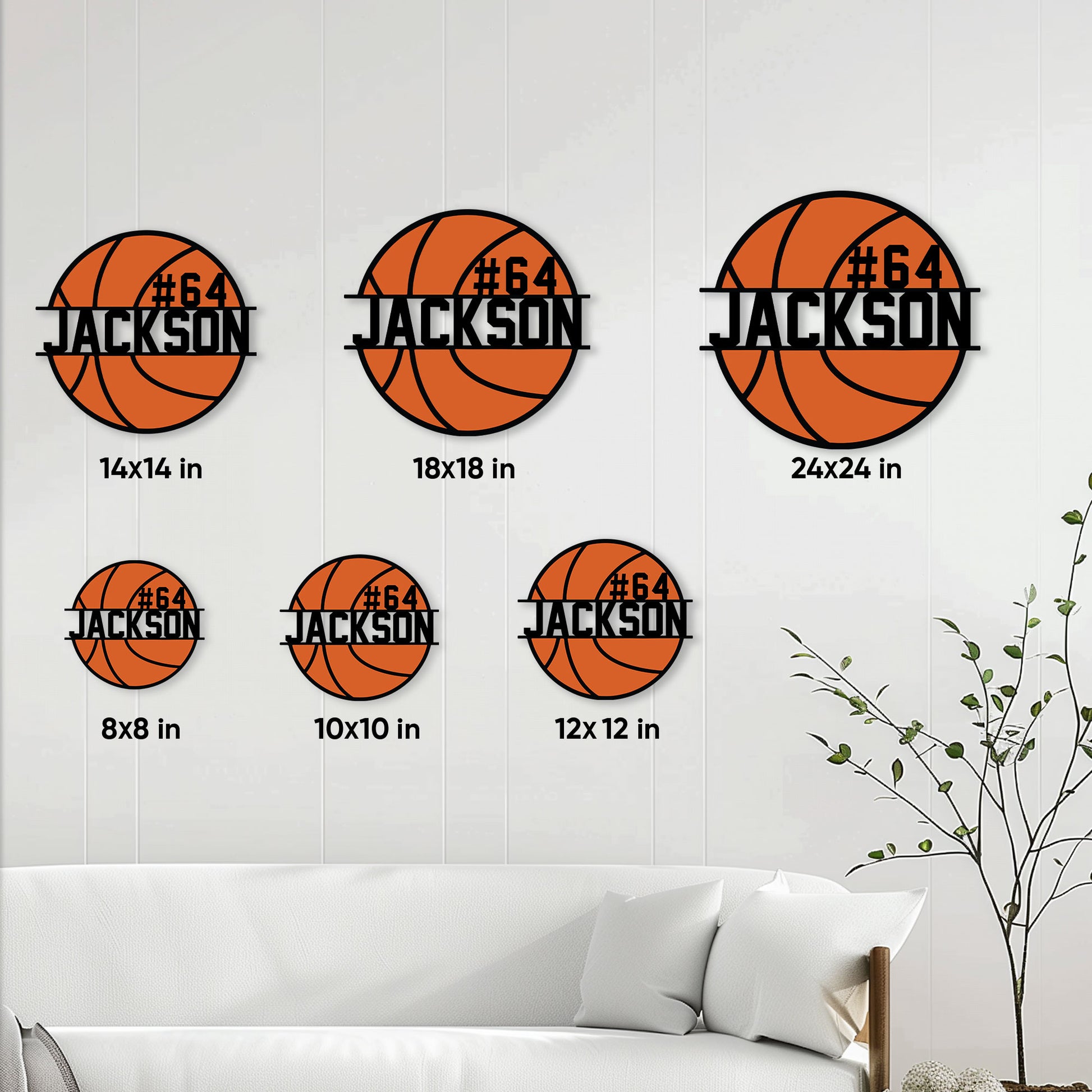 Basketball metal sign size guide showing available square sizes from 8 by 8 to 24 by 24 inches