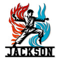 Custom karate metal sign featuring a martial artist in a powerful stance framed by red and blue flames