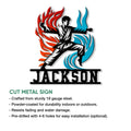 Karate metal sign showing a flame-framed martial artist design with cut metal construction details