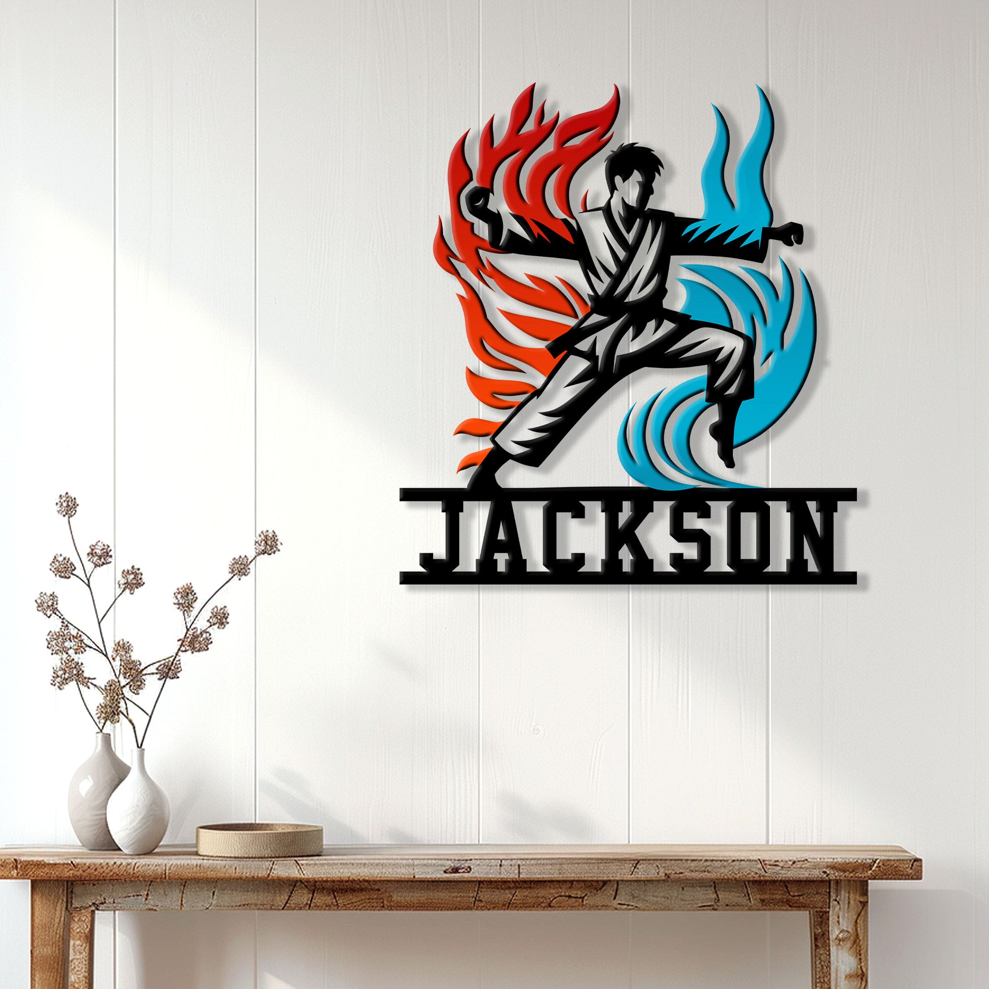 Karate wall decor displayed above a console table, featuring a dynamic martial artist and colorful flames