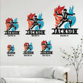 Karate metal sign size guide showing multiple square size options in a living room setting