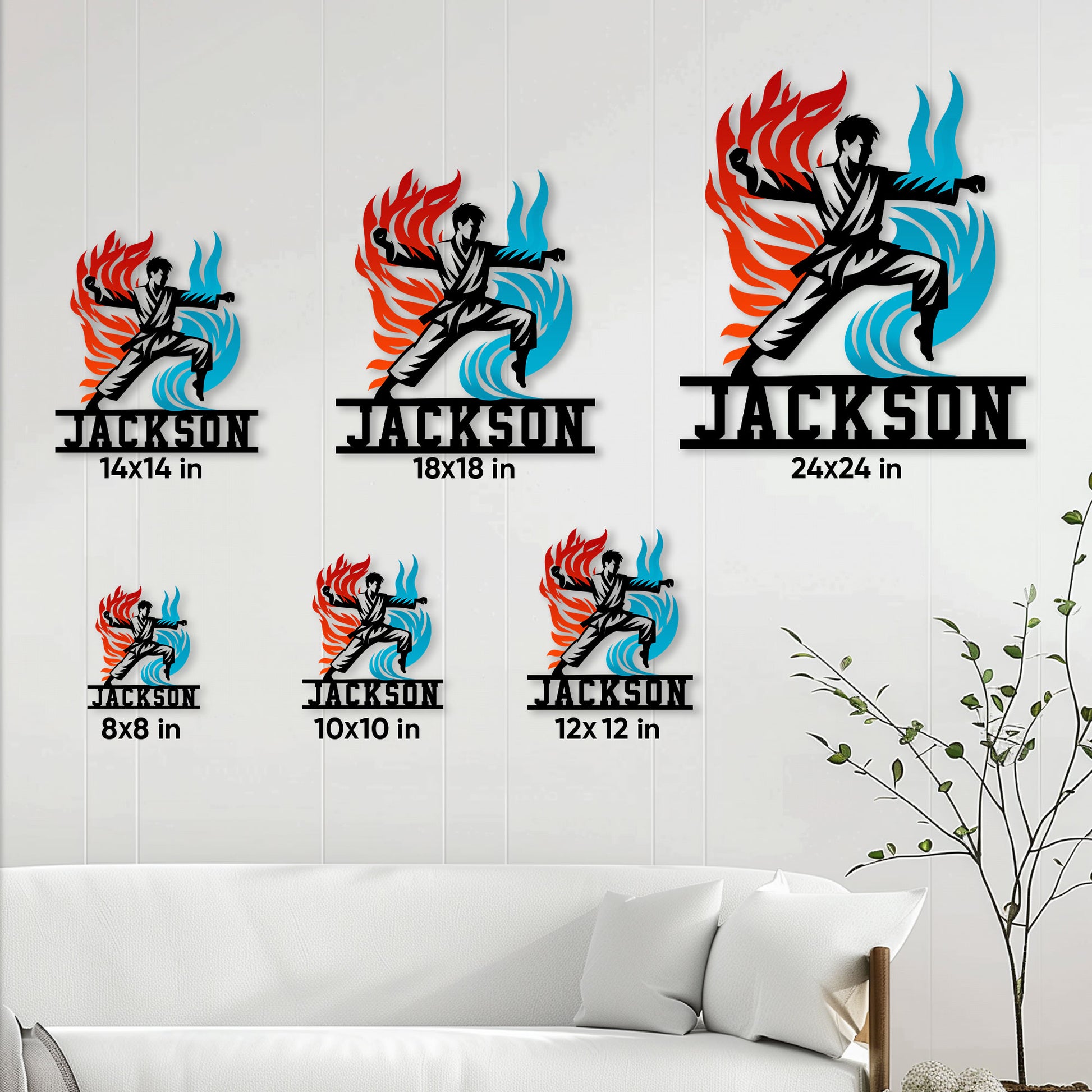 Karate metal sign size guide showing multiple square size options in a living room setting