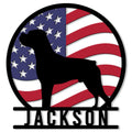 Patriotic Boxer dog metal sign featuring a black Boxer silhouette against an American flag design