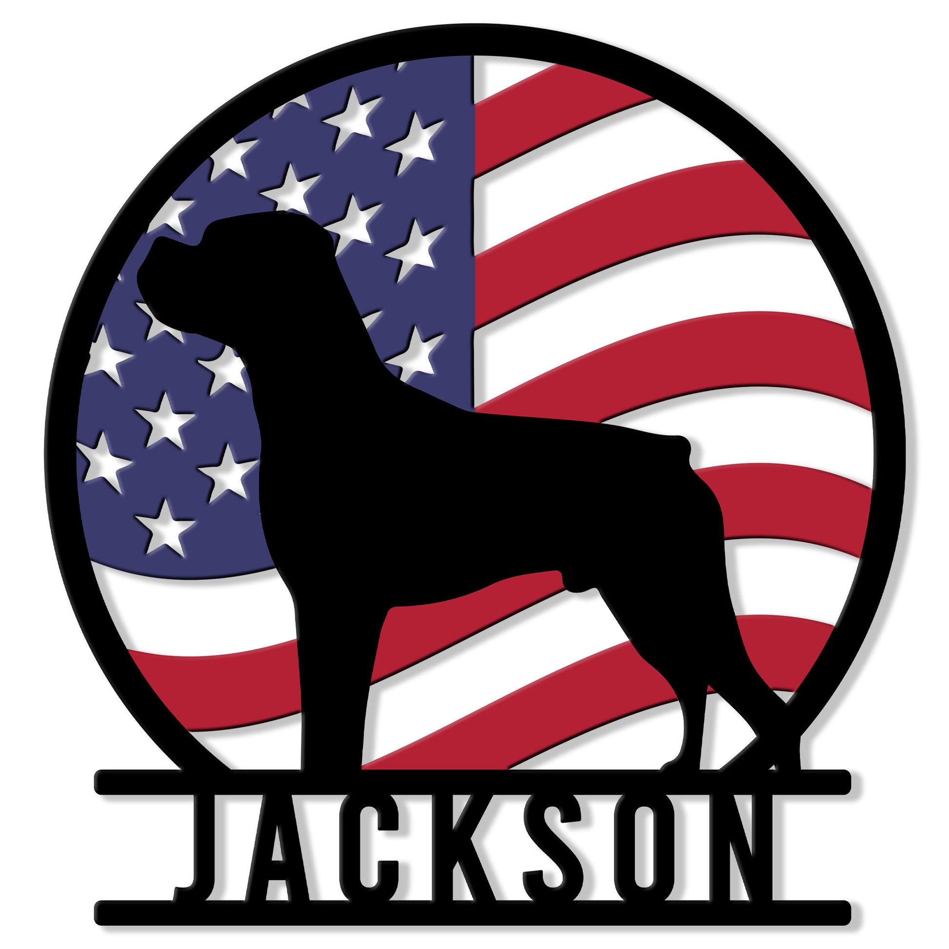 Patriotic Boxer dog metal sign featuring a black Boxer silhouette against an American flag design