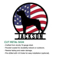Boxer dog cut metal sign feature guide showing the patriotic flag design and installation options