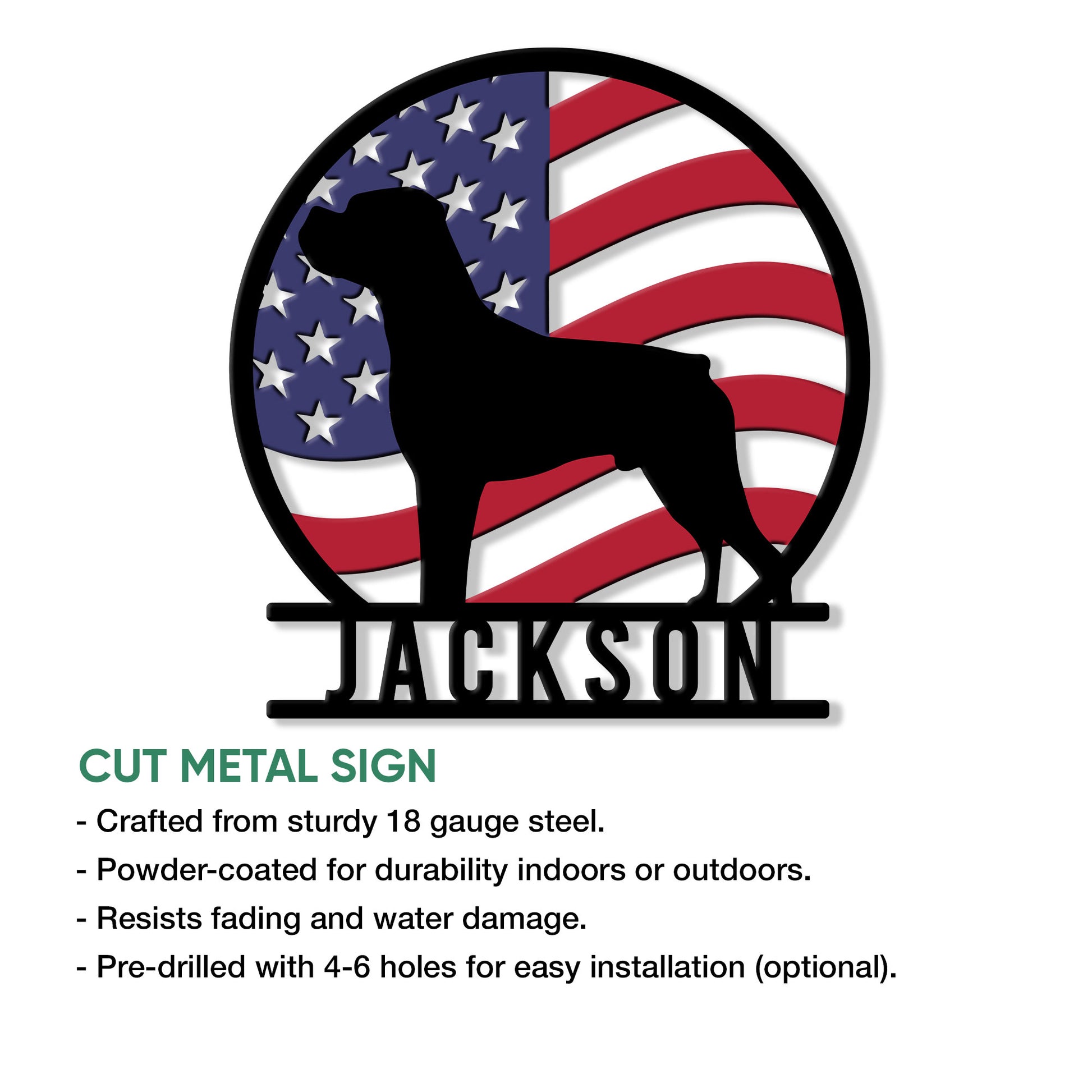 Boxer dog cut metal sign feature guide showing the patriotic flag design and installation options
