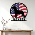 Patriotic Boxer dog wall sign displayed on a white paneled wall above a rustic console table