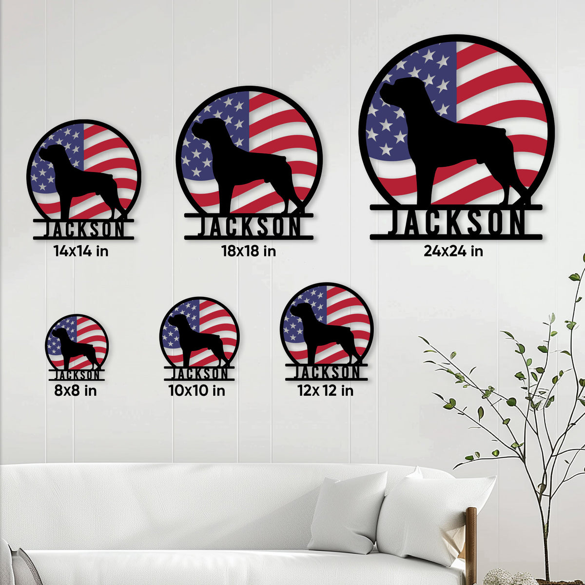 Boxer dog metal sign size guide showing six square size options on a bright living room wall