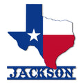 Texas flag metal sign featuring a blue, white, and red Texas state silhouette with a bold star