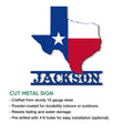 Cut metal Texas sign displayed with a patriotic state outline and classic Lone Star color design