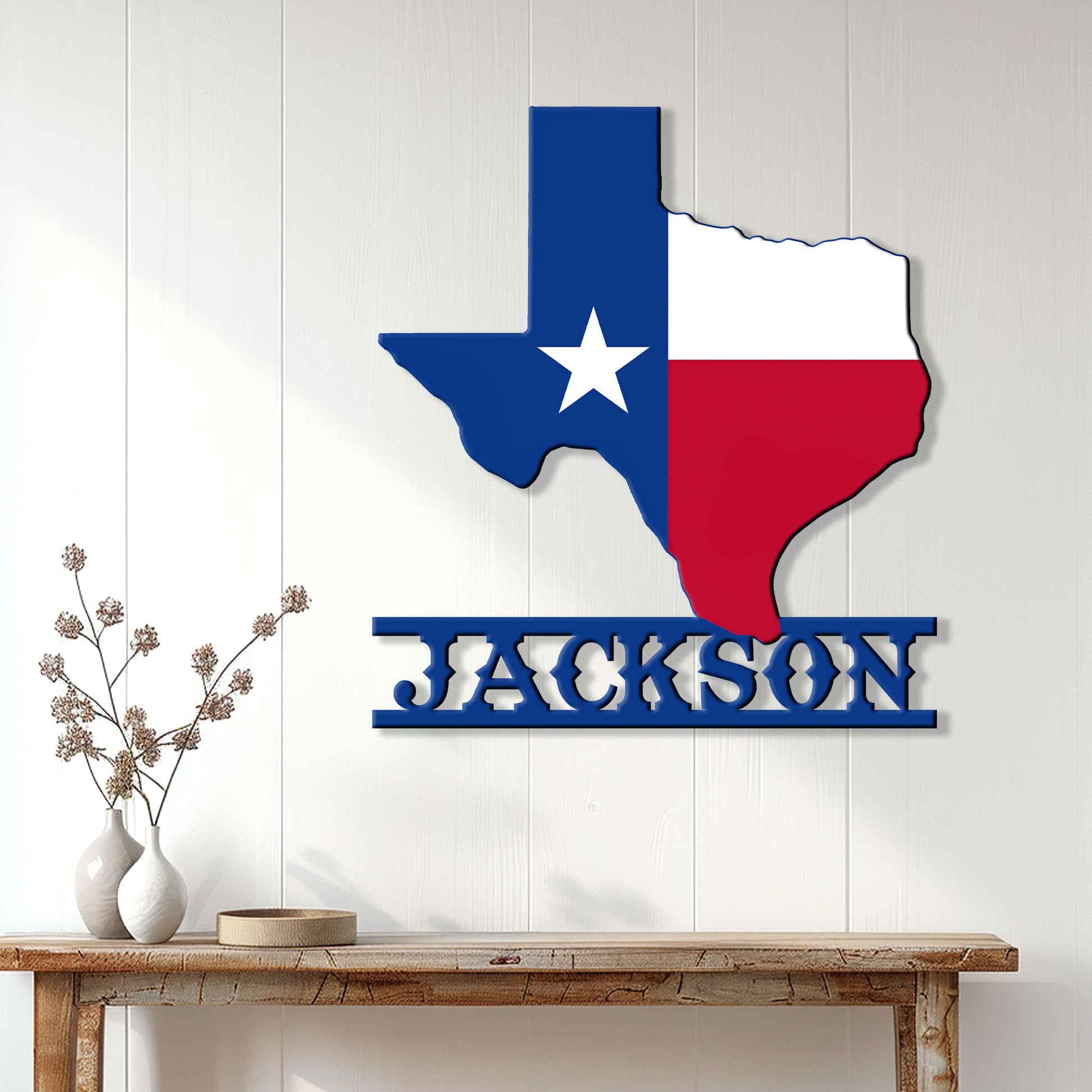 Texas state flag metal wall sign shown in a bright home entryway with farmhouse decor