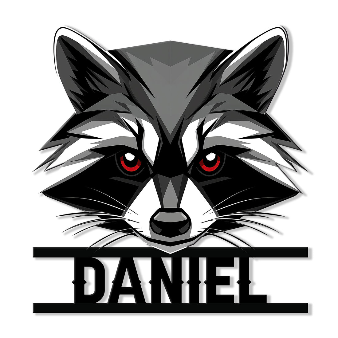 Stylized raccoon face metal sign with bold black, gray, white, and red details for wildlife decor