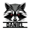 Stylized raccoon face metal sign with bold black, gray, white, and red details for wildlife decor