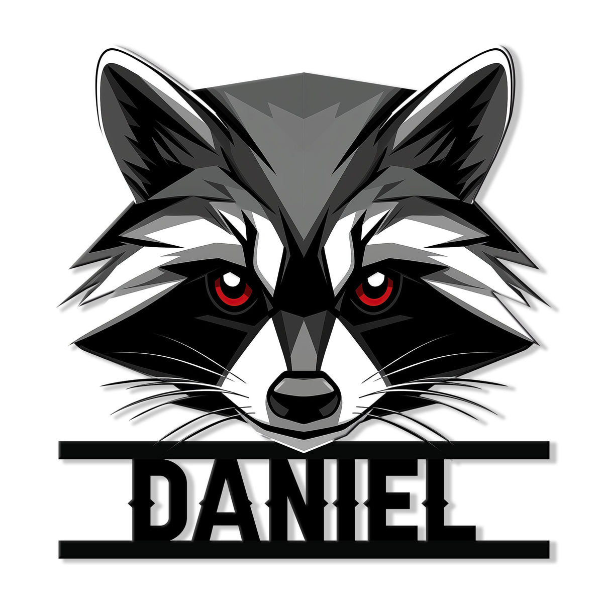 Stylized raccoon face metal sign with bold black, gray, white, and red details for wildlife decor