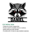 Raccoon metal sign feature graphic showing the cut-metal design, finish, and optional mounting holes