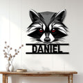 Raccoon wall sign displayed above a console table in a bright, modern home entryway