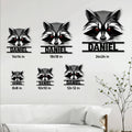 Raccoon metal sign size guide showing available 8x8, 10x10, 12x12, 14x14, 18x18, and 24x24 inch options