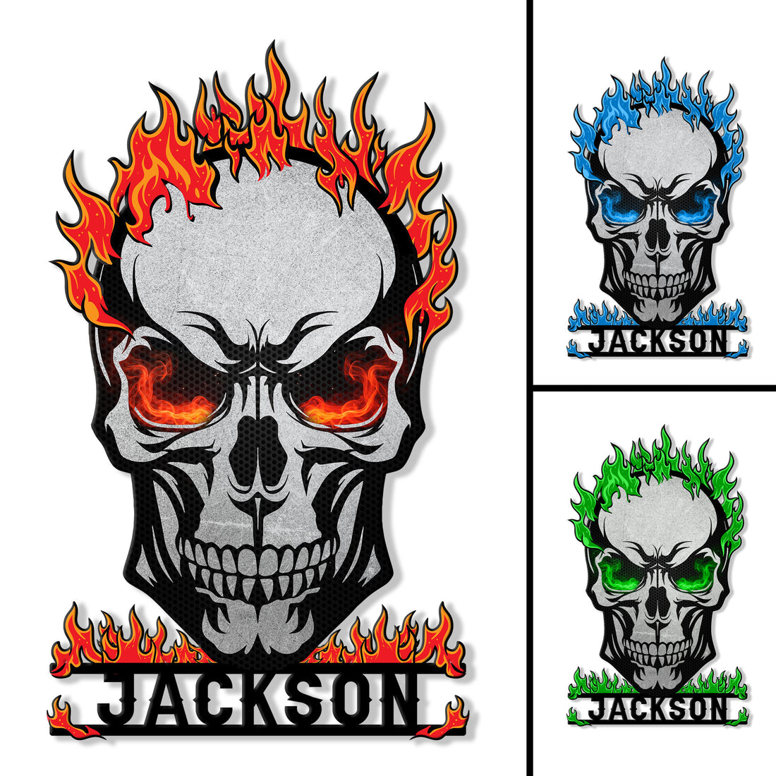 Custom flaming skull metal sign shown with red, blue, and green flame color options