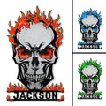 Custom flaming skull metal sign shown with red, blue, and green flame color options