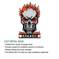 Flaming skull metal sign feature graphic highlighting the cut-metal sign design
