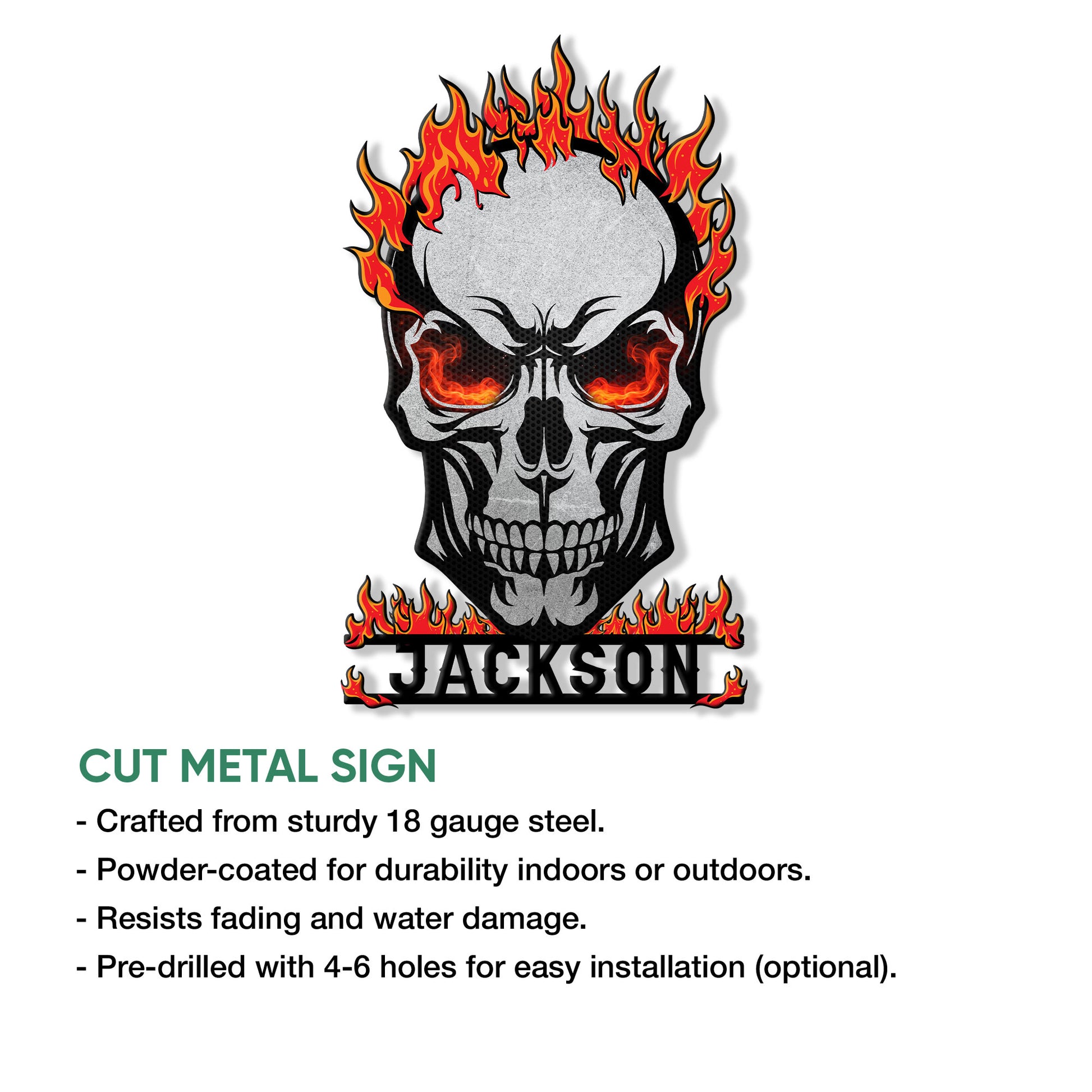 Flaming skull metal sign feature graphic highlighting the cut-metal sign design