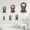 Flaming skull metal sign size guide showing square sizes from 8 by 8 to 24 by 24 inches