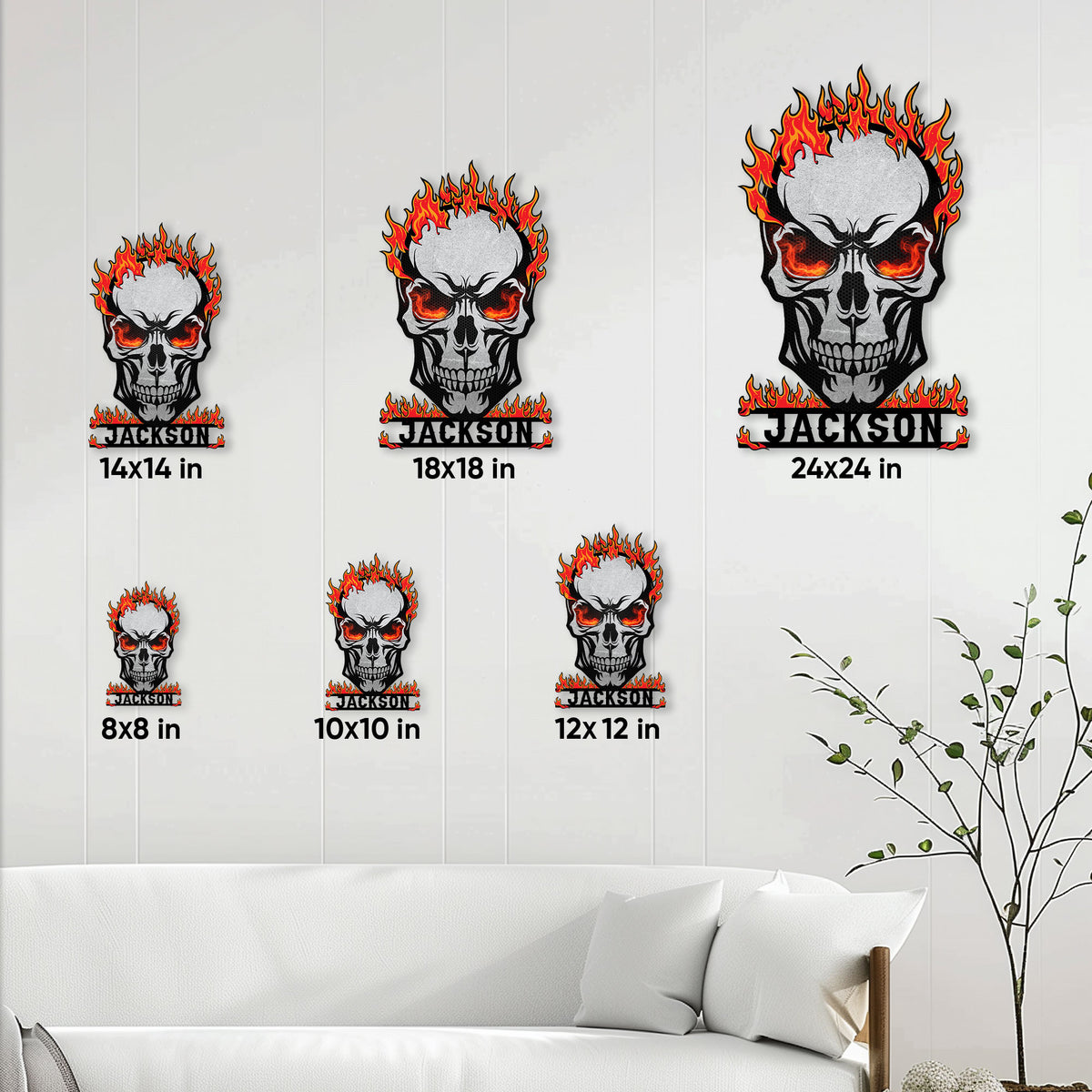 Flaming skull metal sign size guide showing square sizes from 8 by 8 to 24 by 24 inches