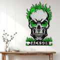 Green flame flaming skull metal sign displayed as bold alternative wall decor