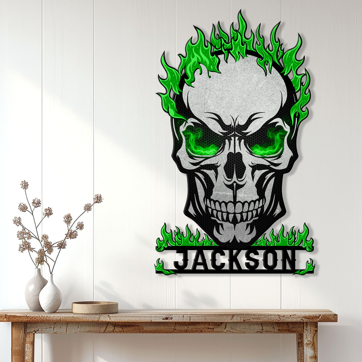 Green flame flaming skull metal sign displayed as bold alternative wall decor