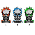 Color selection guide showing red, blue, and green flame options for a flaming skull sign
