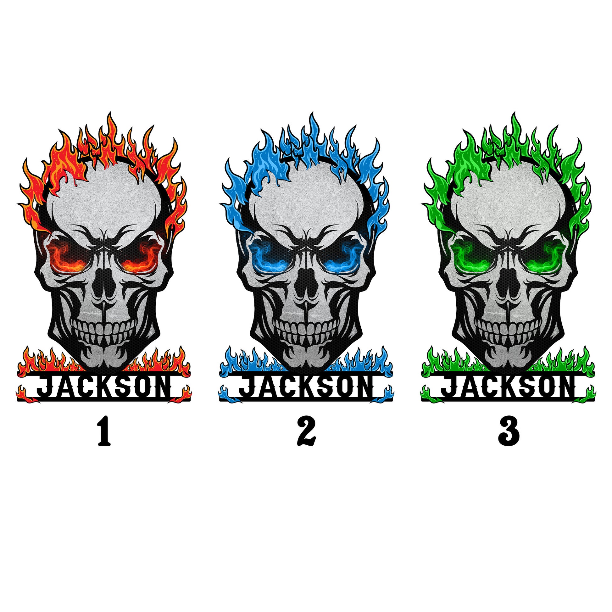 Color selection guide showing red, blue, and green flame options for a flaming skull sign