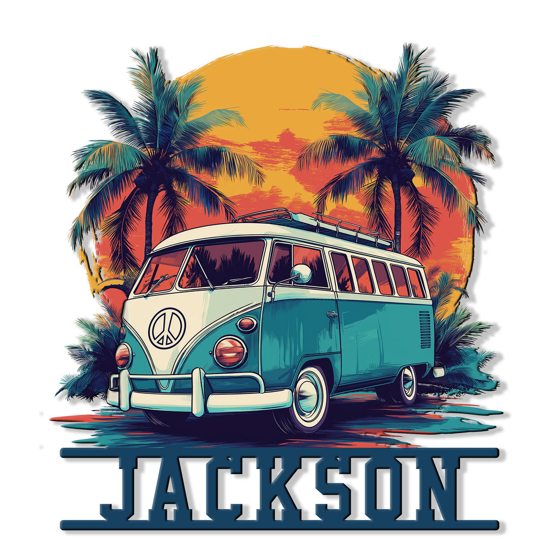 Custom hippie metal sign featuring a vintage camper van, palm trees, sunset colors, and retro road trip style