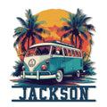 Custom hippie metal sign featuring a vintage camper van, palm trees, sunset colors, and retro road trip style