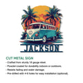 Hippie camper van metal sign shown with its colorful tropical sunset artwork and cut metal sign presentation