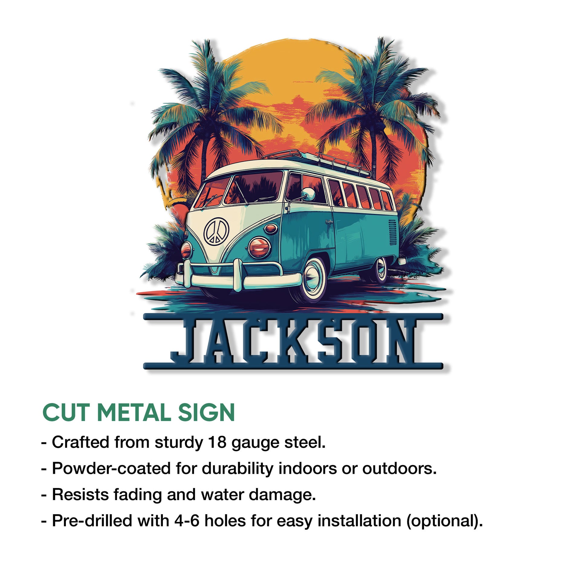 Hippie camper van metal sign shown with its colorful tropical sunset artwork and cut metal sign presentation