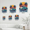 Hippie camper van metal sign size guide showing available 8x8, 10x10, 12x12, 14x14, 18x18, and 24x24 inch options
