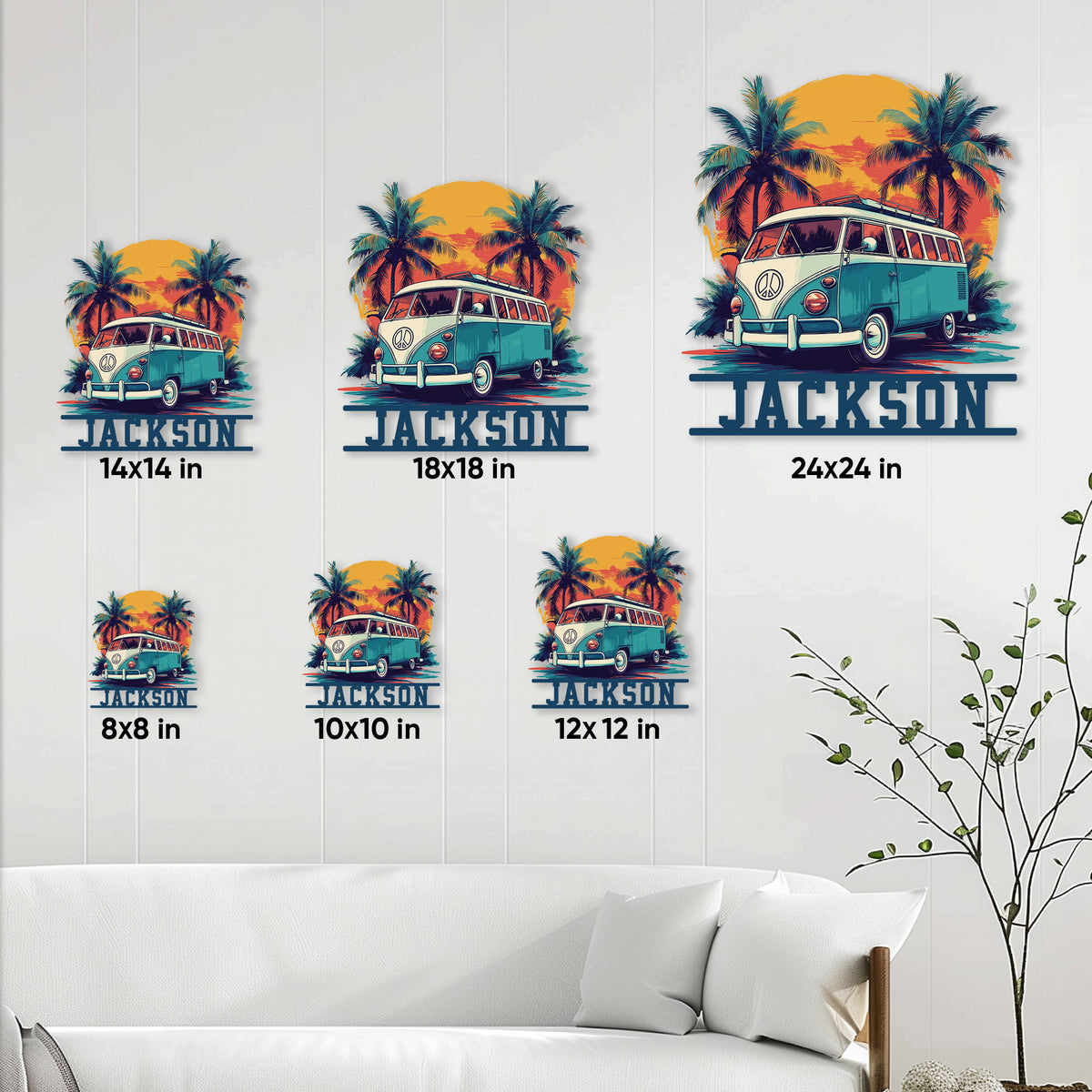 Hippie camper van metal sign size guide showing available 8x8, 10x10, 12x12, 14x14, 18x18, and 24x24 inch options