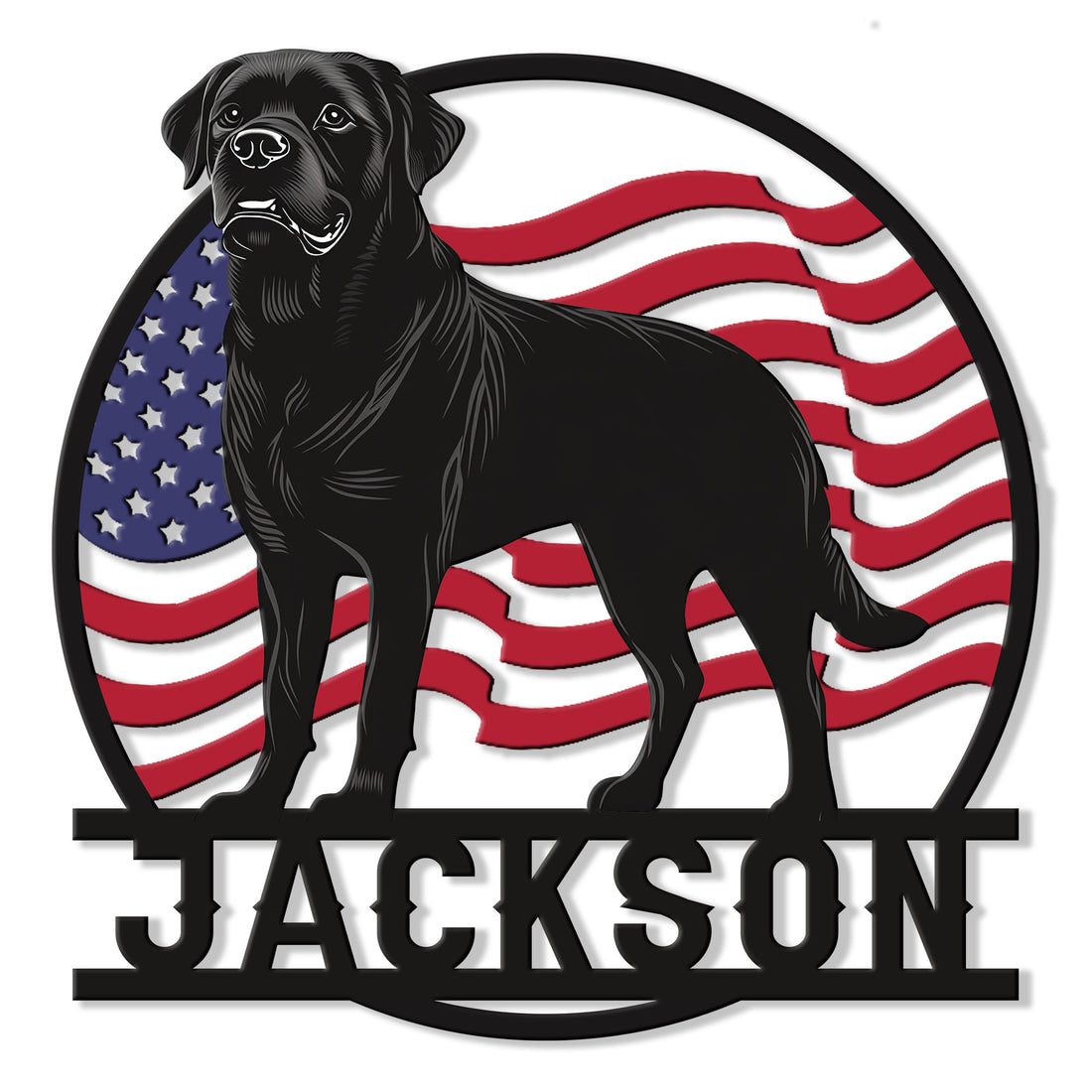 Patriotic Rottweiler metal sign featuring a black dog portrait against a waving American flag