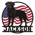Patriotic Rottweiler metal sign featuring a black dog portrait against a waving American flag