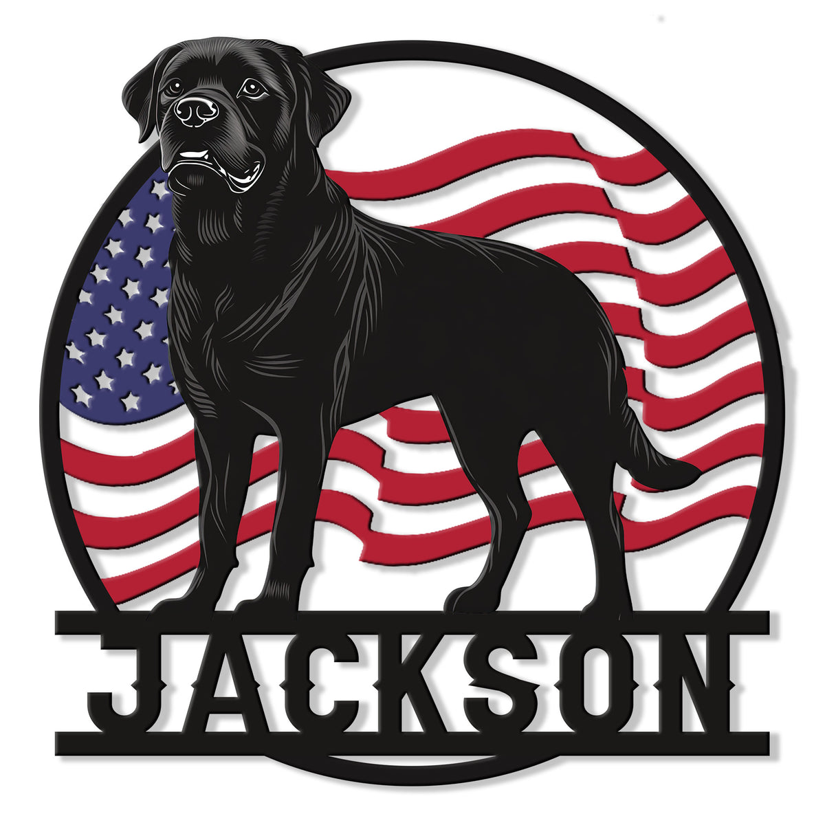Patriotic Rottweiler metal sign featuring a black dog portrait against a waving American flag