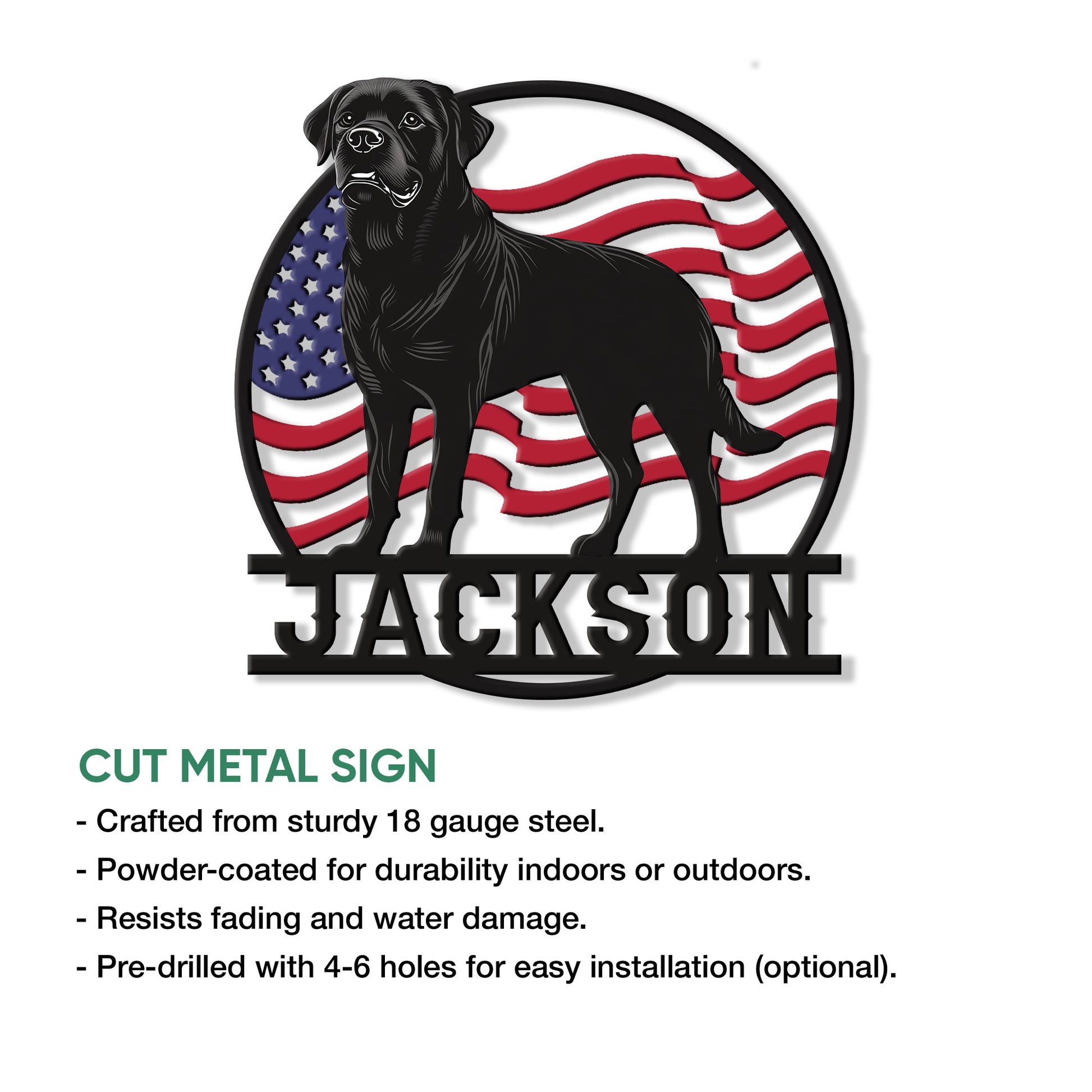 Rottweiler metal sign with patriotic flag artwork shown alongside a cut-metal sign feature infographic