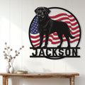 Patriotic Rottweiler wall sign displayed above a console table in a bright home entryway