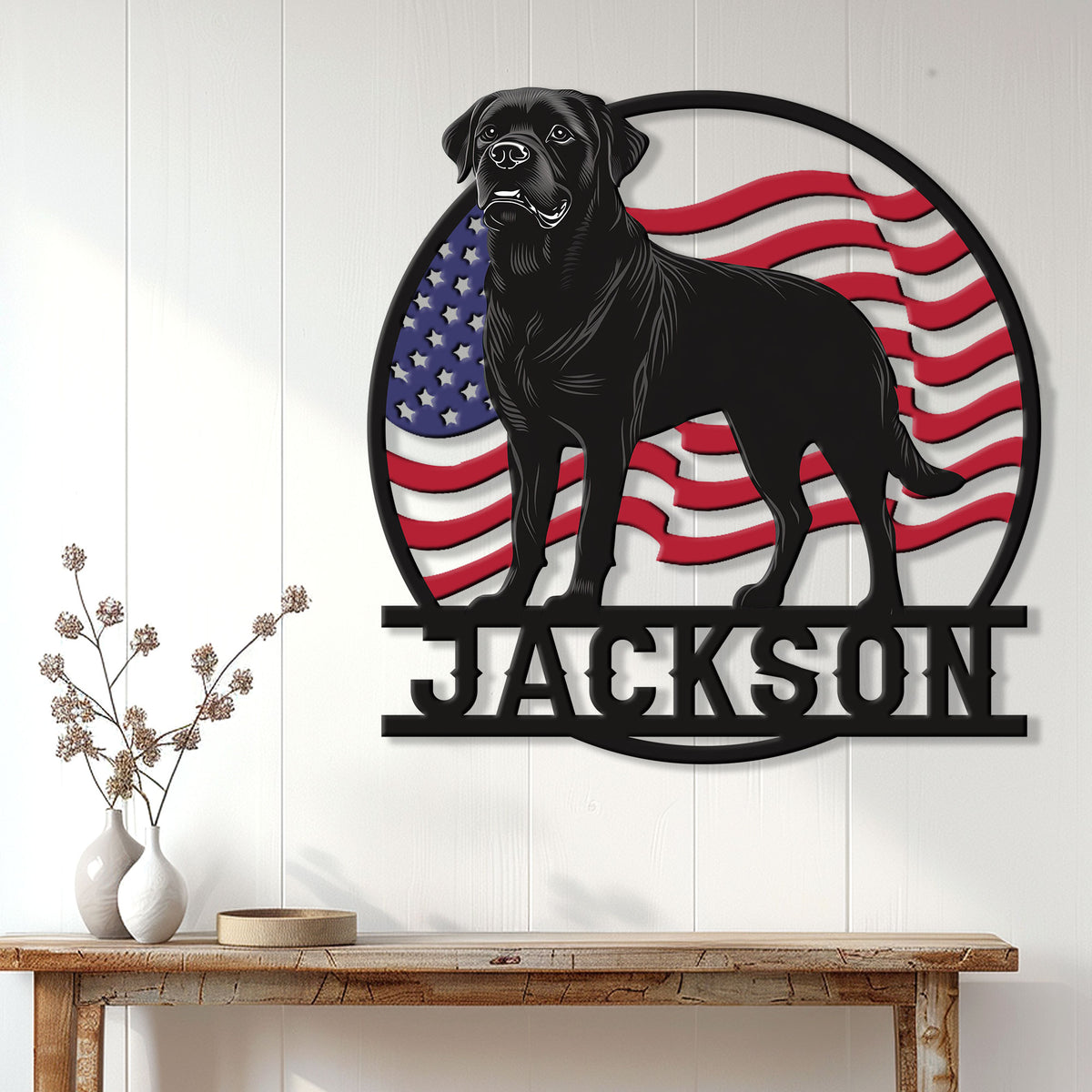 Patriotic Rottweiler wall sign displayed above a console table in a bright home entryway