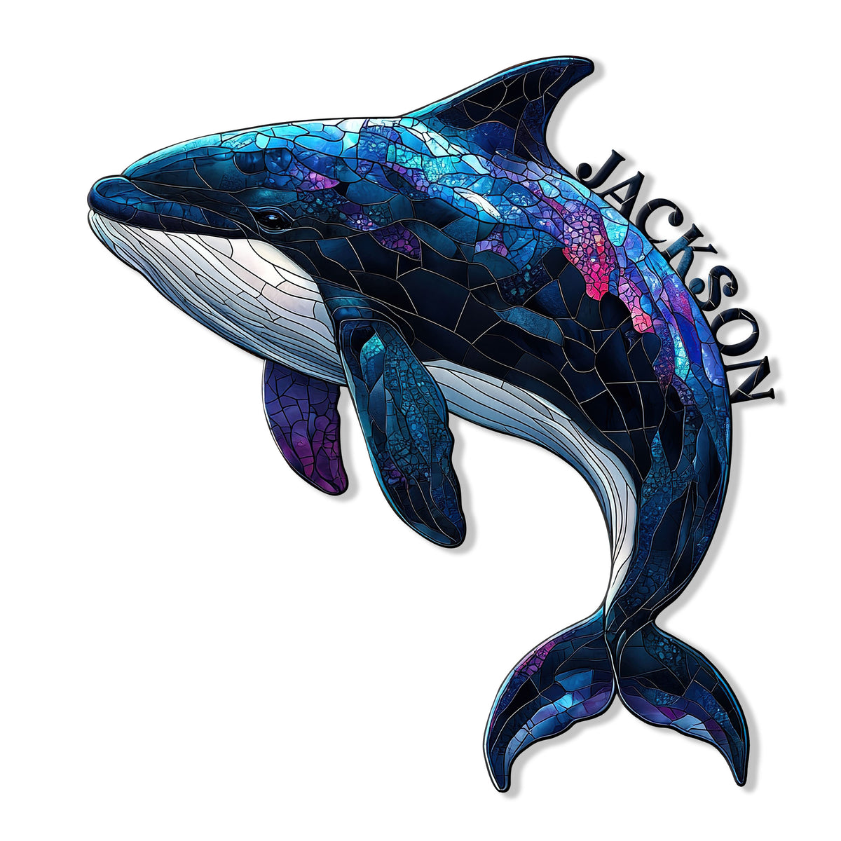 Colorful orca metal sign featuring a stained-glass-inspired mosaic whale design in blue, purple, black, and white