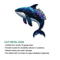 Orca cut metal sign shown with a vibrant mosaic-style whale design and product feature details