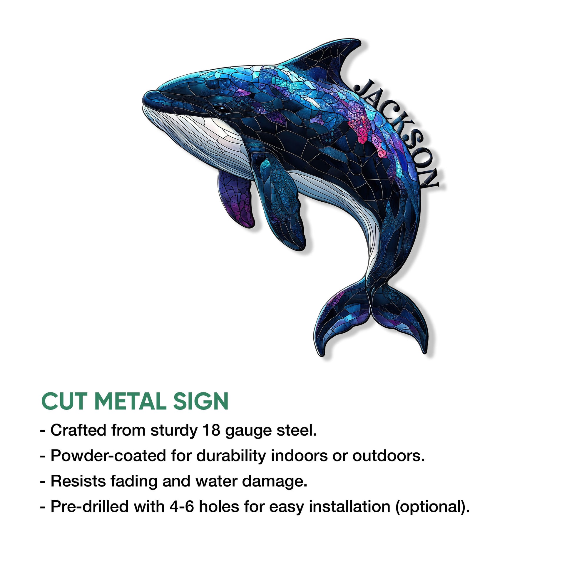 Orca cut metal sign shown with a vibrant mosaic-style whale design and product feature details