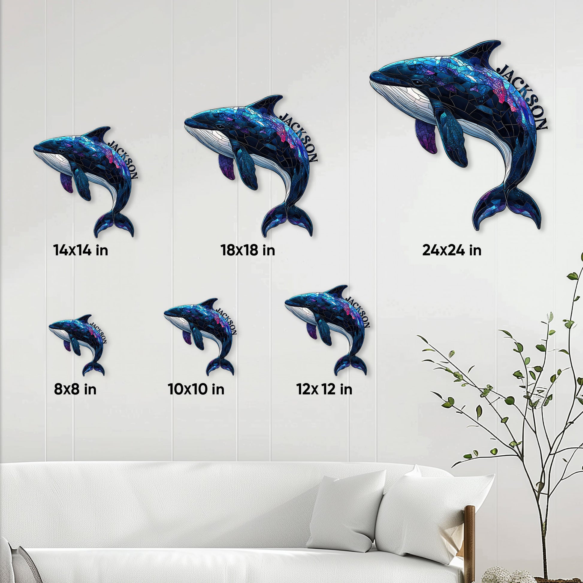 Orca metal sign size guide showing available 8x8, 10x10, 12x12, 14x14, 18x18, and 24x24 inch options